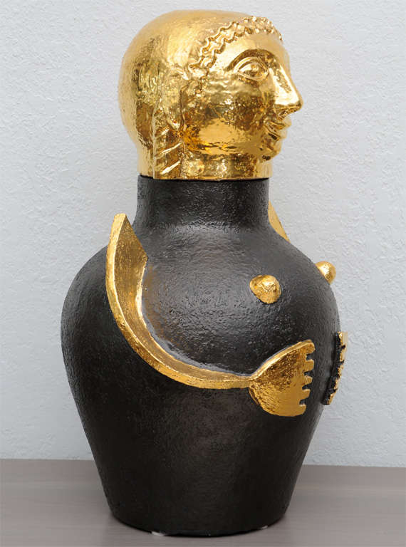 Glittering gold glaze highlights this giant Italian ceramic lidded Amphora made for Neiman Marcus, circa 1970, in the Etruscan style.