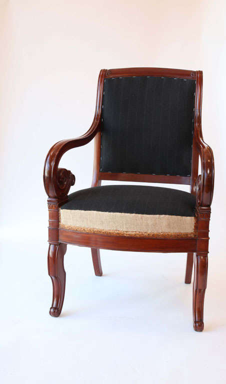 pr of beautiful period Austrian mahogany Charles X open armchairs.