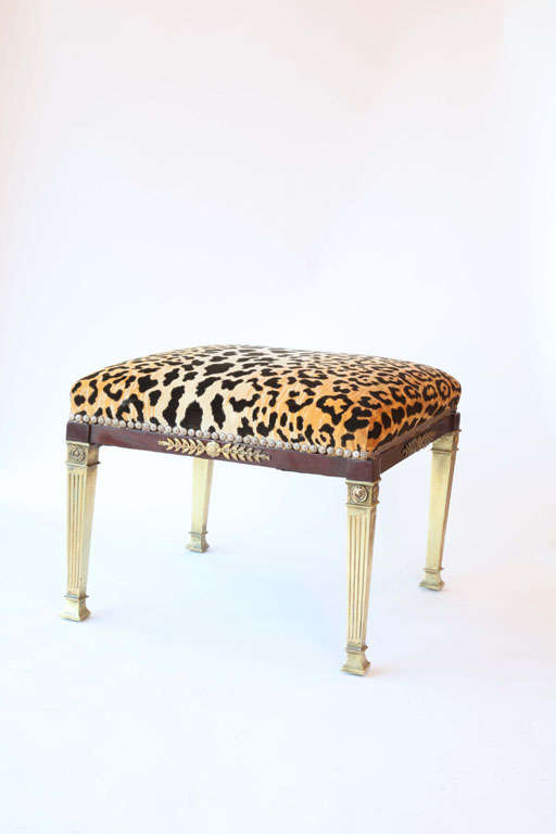 19th c pair of Regency English mahogany and bronze benches covered in leopard material