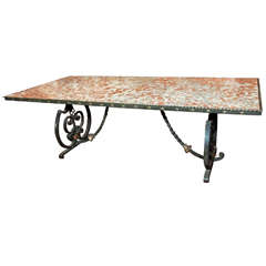 A Large French Trestle Table in Iron and Marble