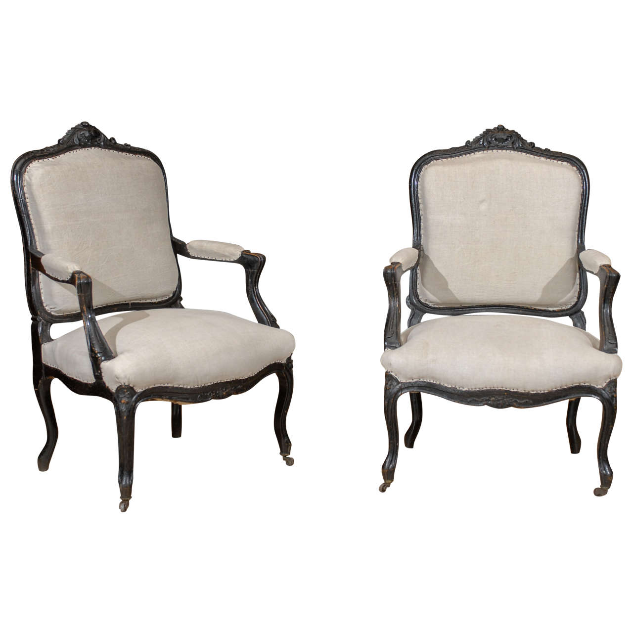 Pair of 19th Century Black Painted Louis XV style Arm Chairs, Circa 1880 For Sale