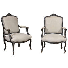 Pair of 19th Century Black Painted Louis XV style Arm Chairs, Circa 1880