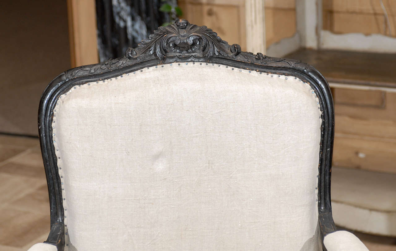 Fabric Pair of 19th Century Black Painted Louis XV style Arm Chairs, Circa 1880 For Sale