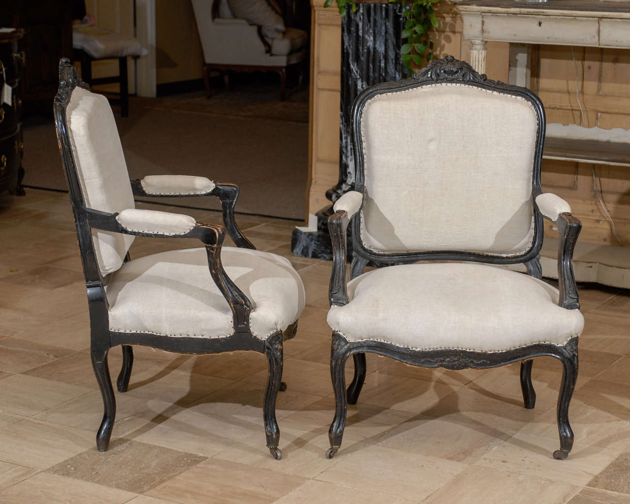 Pair of 19th Century Black Painted Louis XV style Arm Chairs, Circa 1880 For Sale 1