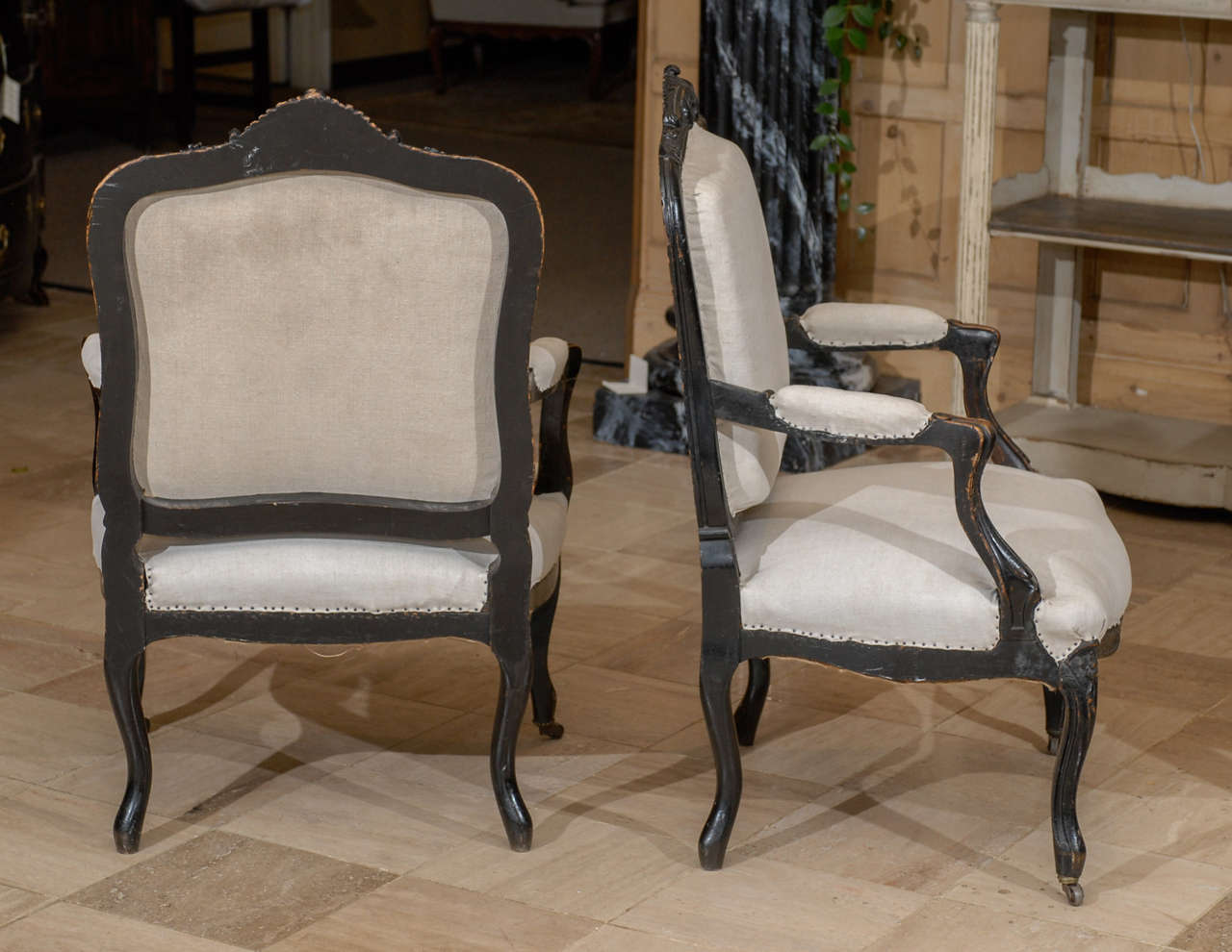 Pair of 19th Century Black Painted Louis XV style Arm Chairs, Circa 1880 For Sale 2