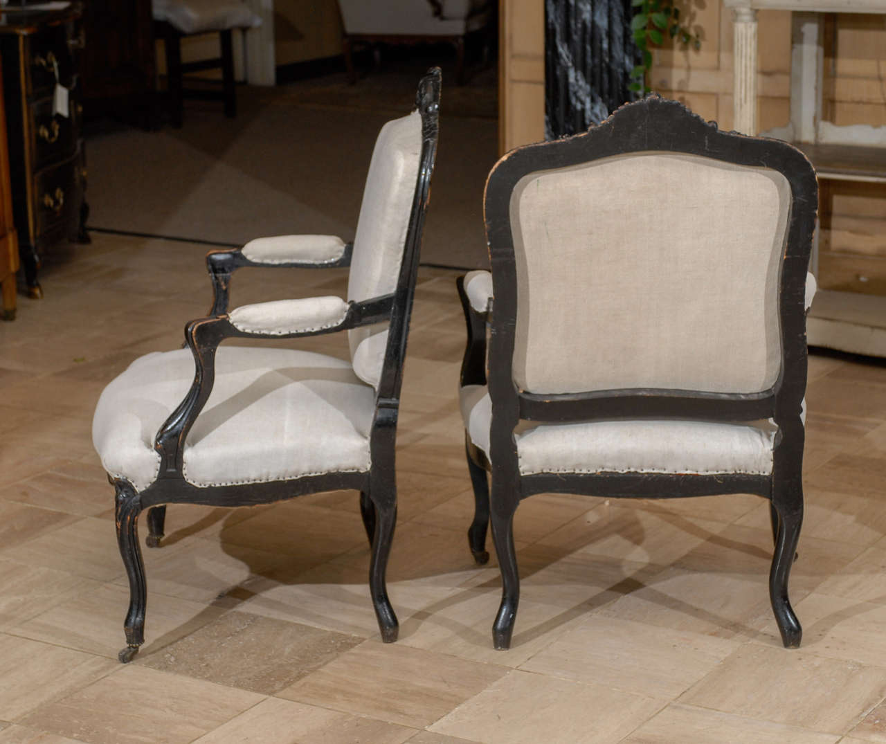 Pair of 19th Century Black Painted Louis XV style Arm Chairs, Circa 1880 For Sale 3