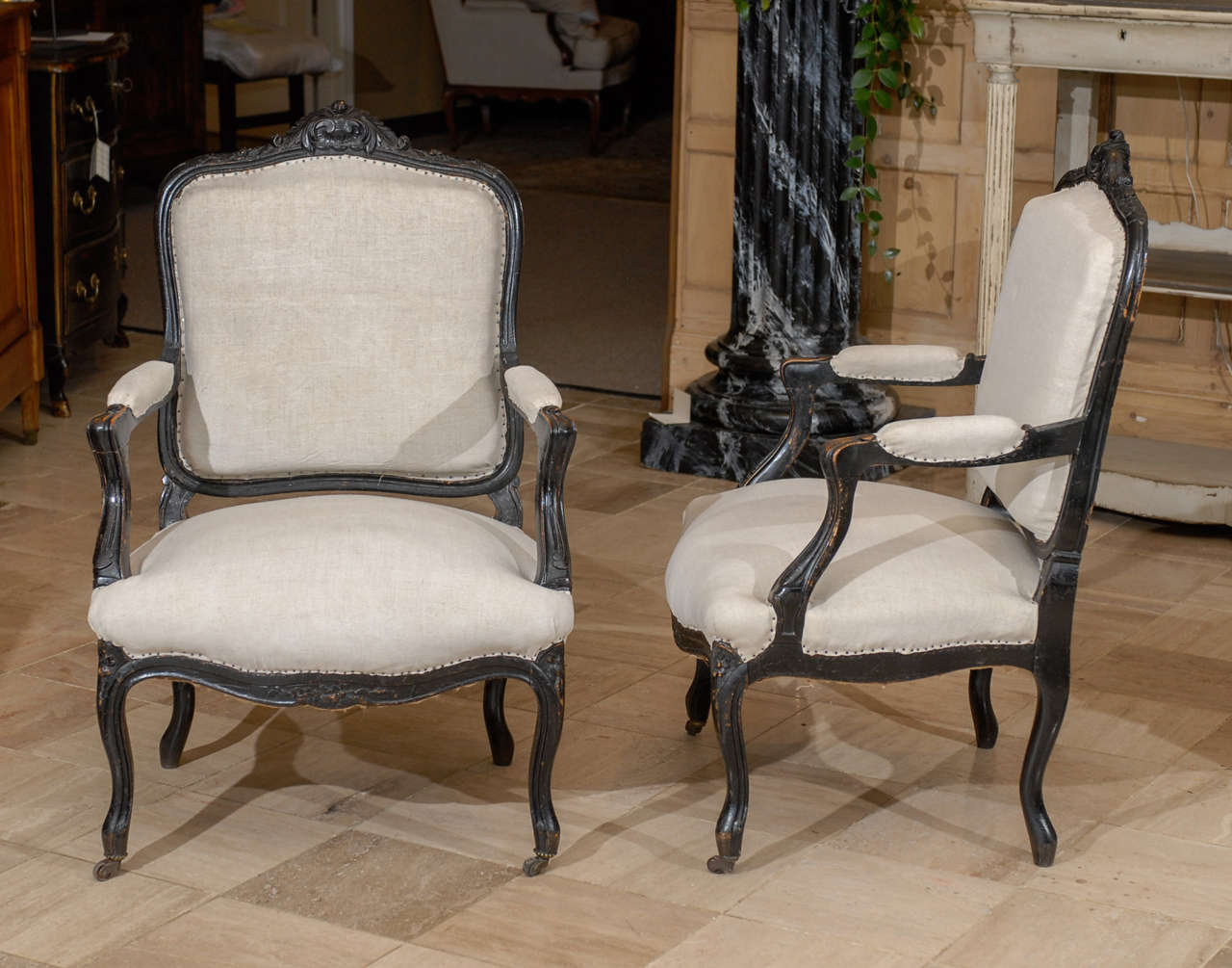 Pair of 19th Century Black Painted Louis XV style Arm Chairs, Circa 1880 For Sale 4