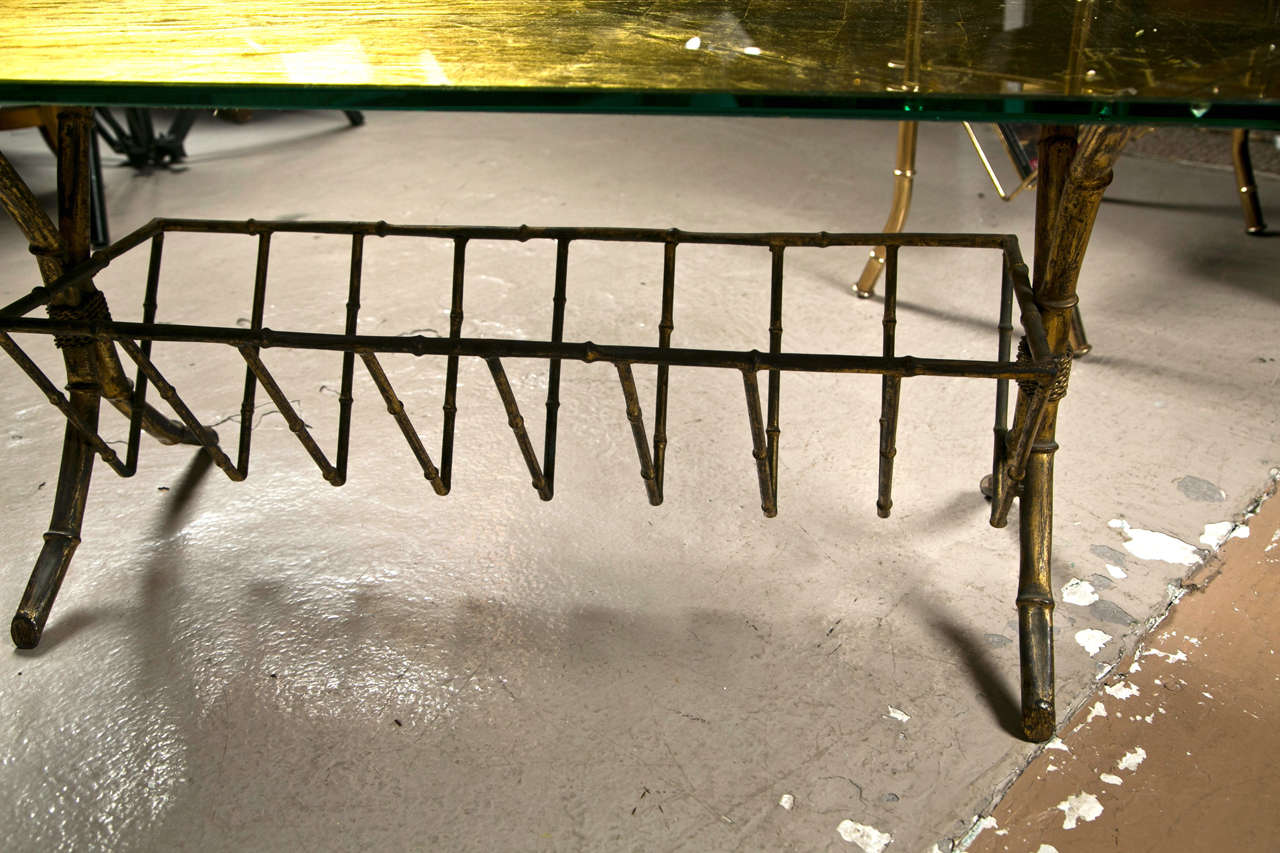 Gilt-Brass Gold Leaf Gold Leaf Glass Top Coffee Table With Magazine Shelf In Good Condition For Sale In Stamford, CT