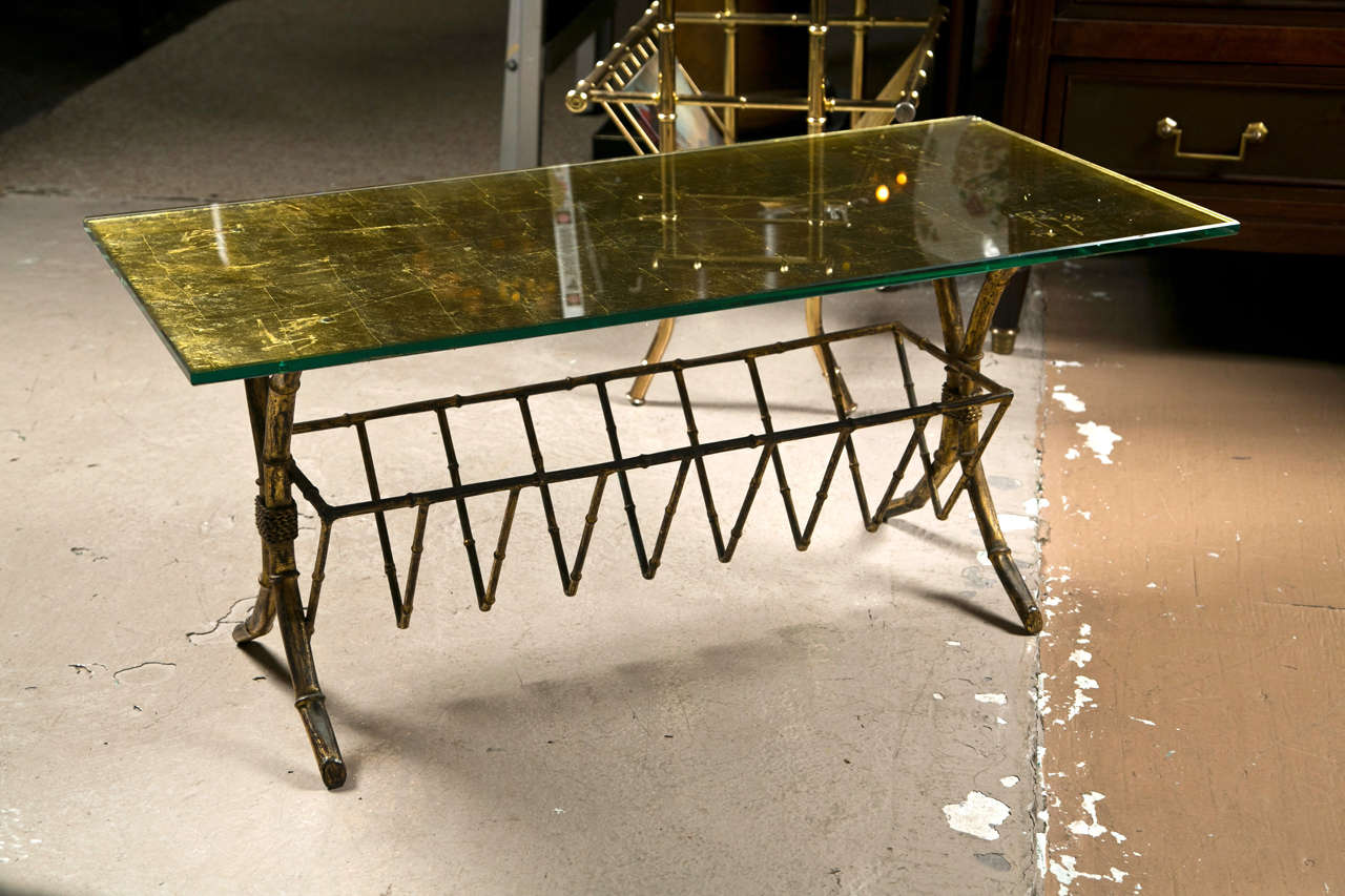 Gilt-Brass Gold Leaf Gold Leaf Glass Top Coffee Table With Magazine Shelf For Sale 1