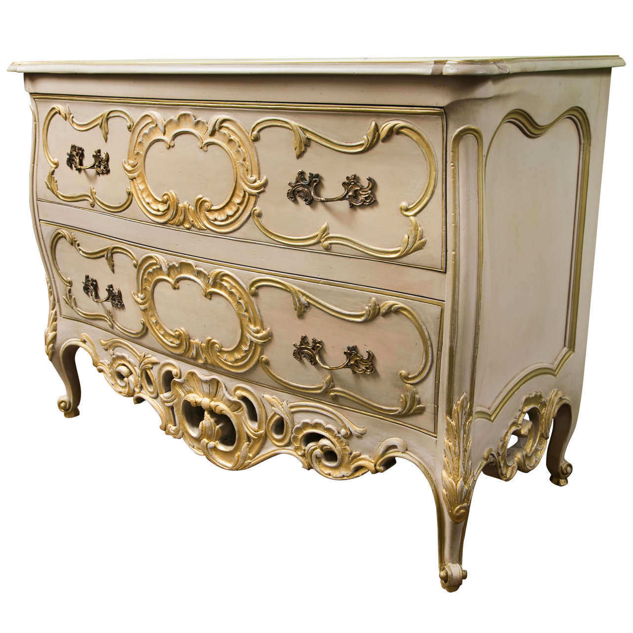 French Bombe Commode Creme Peinte And Parcel Gilt For Sale