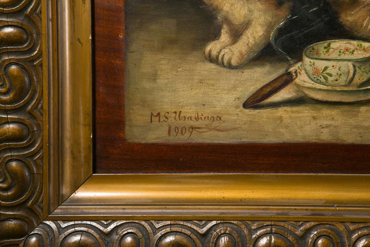 Chatons enjoués, 19ème siècle, peinture à l'huile sur carton, encadrée
Une grande et impressionnante peinture à l'huile signée et datée d'un groupe de chatons, certains jouant en attendant leur tour de manger. Une belle peinture ancienne à l'huile