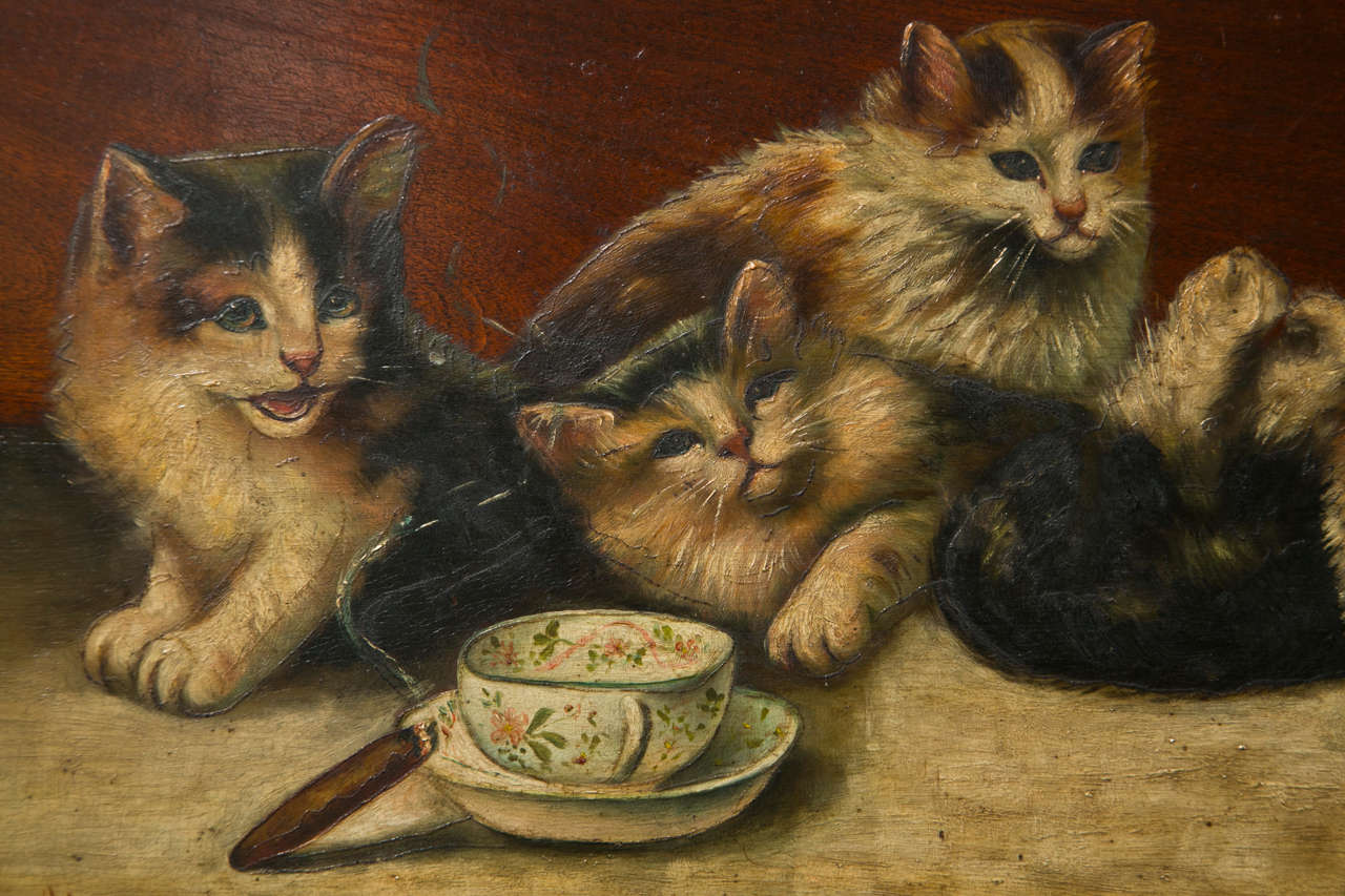Américain Belle peinture à l'huile sur carton de chatons en vente