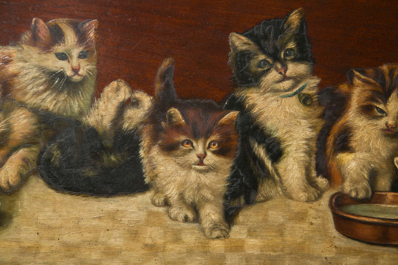 Belle peinture à l'huile sur carton de chatons Bon état - En vente à Stamford, CT