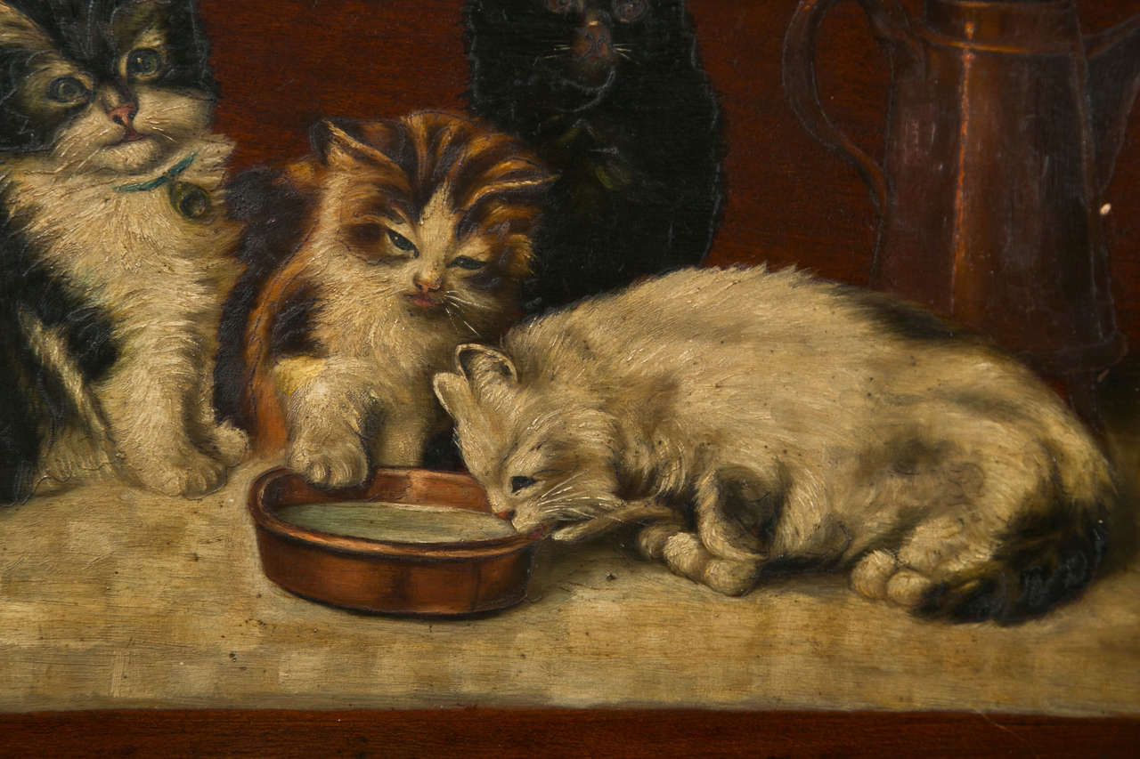 20ième siècle Belle peinture à l'huile sur carton de chatons en vente