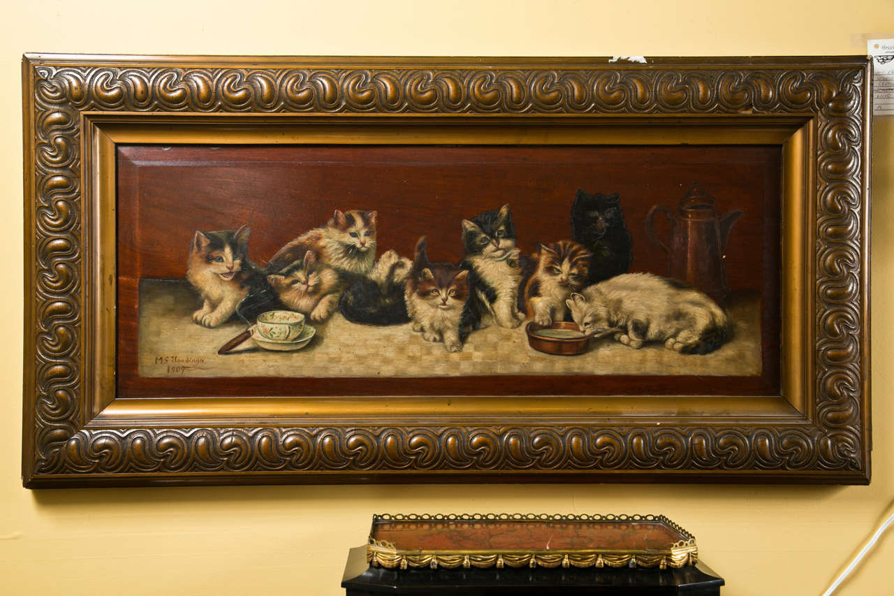 Beautiful Oil on Board Painting of Kittens In Good Condition For Sale In Stamford, CT