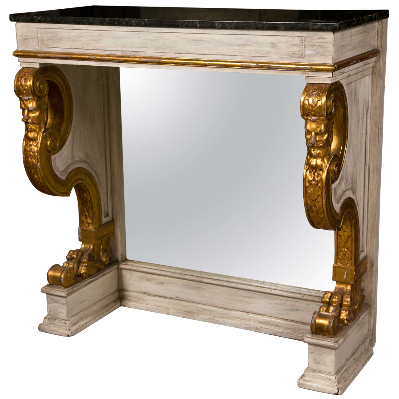 French Pier Console Table Jansen Mirrored Backsplat Marble Top Figural Motifs