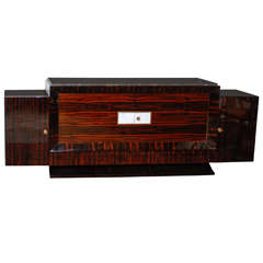 French Art Deco Style Sideboard Made of Macassar Ebony, White Leather and Marble