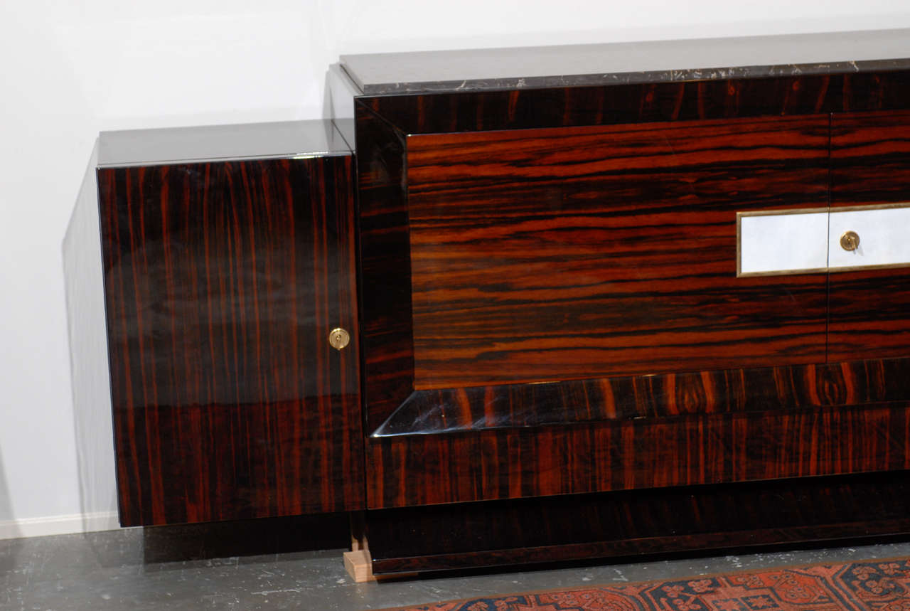 French Art Deco Style Sideboard Made of Macassar Ebony, White Leather and Marble In Excellent Condition In Atlanta, GA