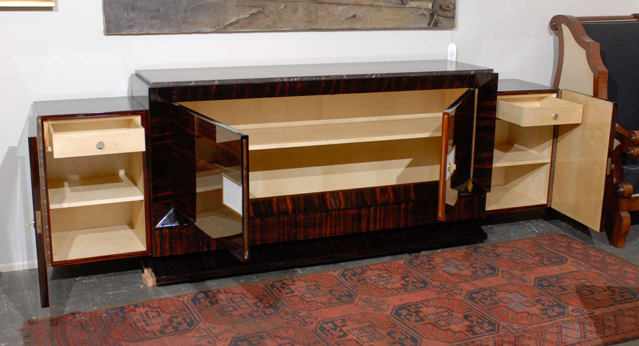Brass French Art Deco Style Sideboard Made of Macassar Ebony, White Leather and Marble