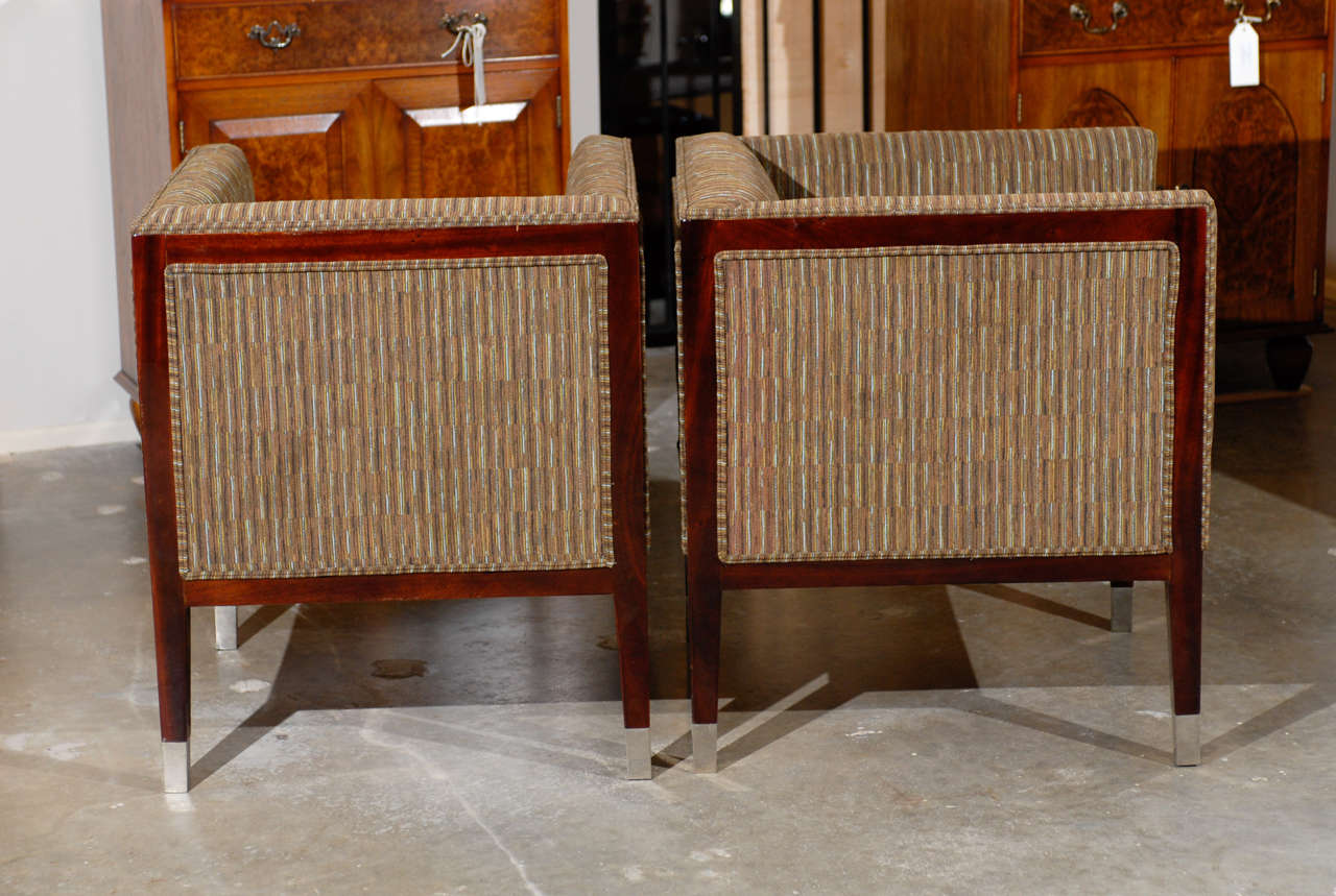 Fabric Pair  of Art Deco Period Upholstered Club Chairs with Wraparound Backs For Sale