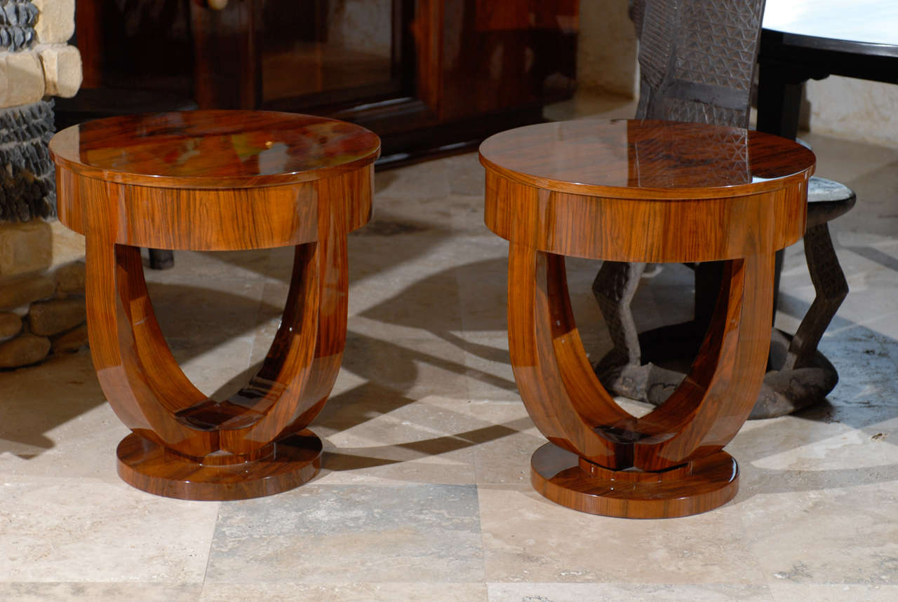 Pair of Round Art Deco Side Tables with U shaped base, walnut veneer, 23