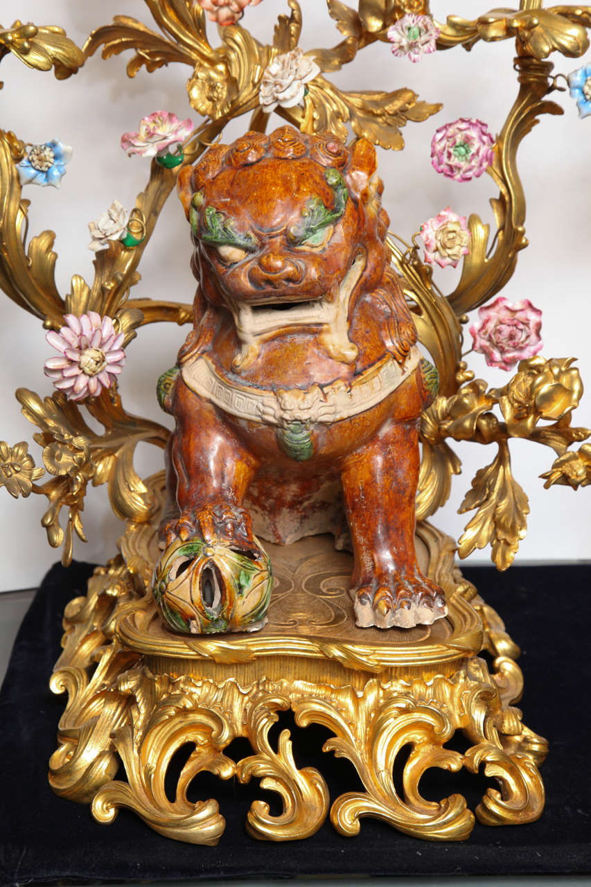 Large Pair of Porcelain and Bronze Figural Candelabras with Foo Dogs In Good Condition In New York, NY