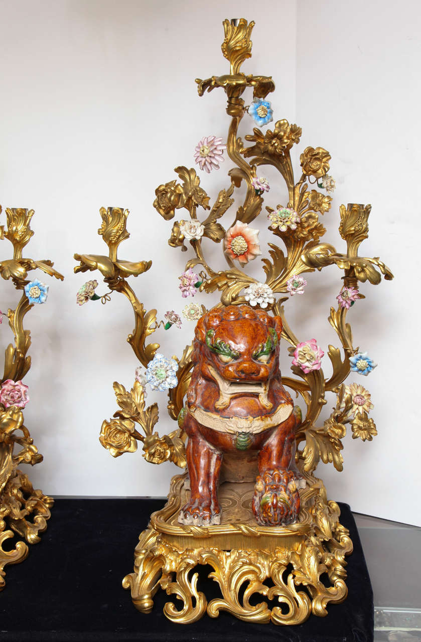 19th Century Large Pair of Porcelain and Bronze Figural Candelabras with Foo Dogs
