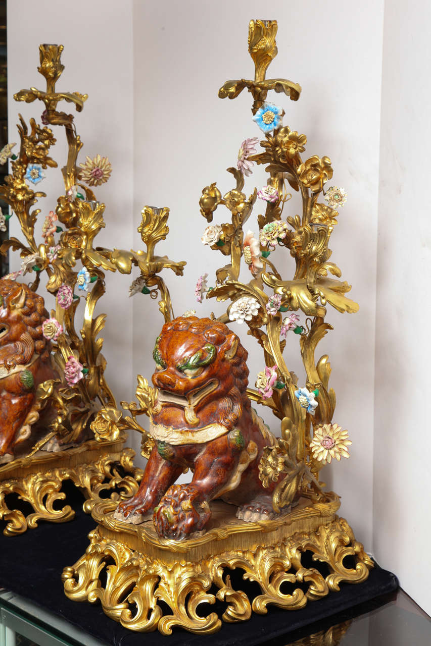 Large Pair of Porcelain and Bronze Figural Candelabras with Foo Dogs 6