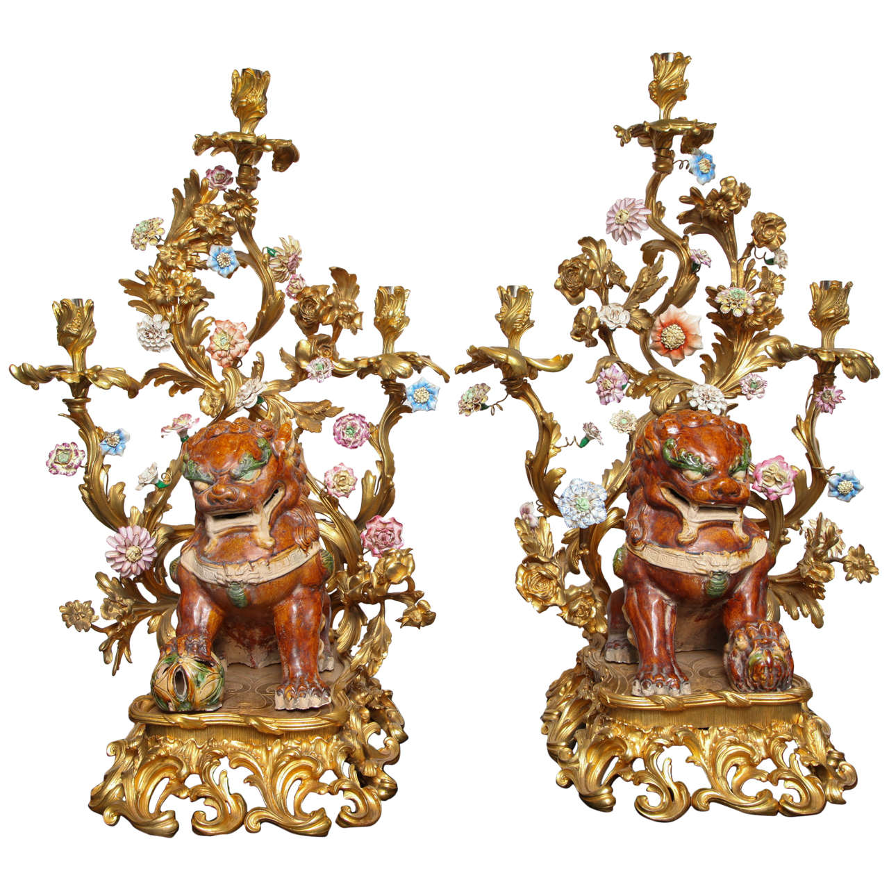 Large Pair of Porcelain and Bronze Figural Candelabras with Foo Dogs