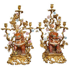 Antique Large Pair of Porcelain and Bronze Figural Candelabras with Foo Dogs