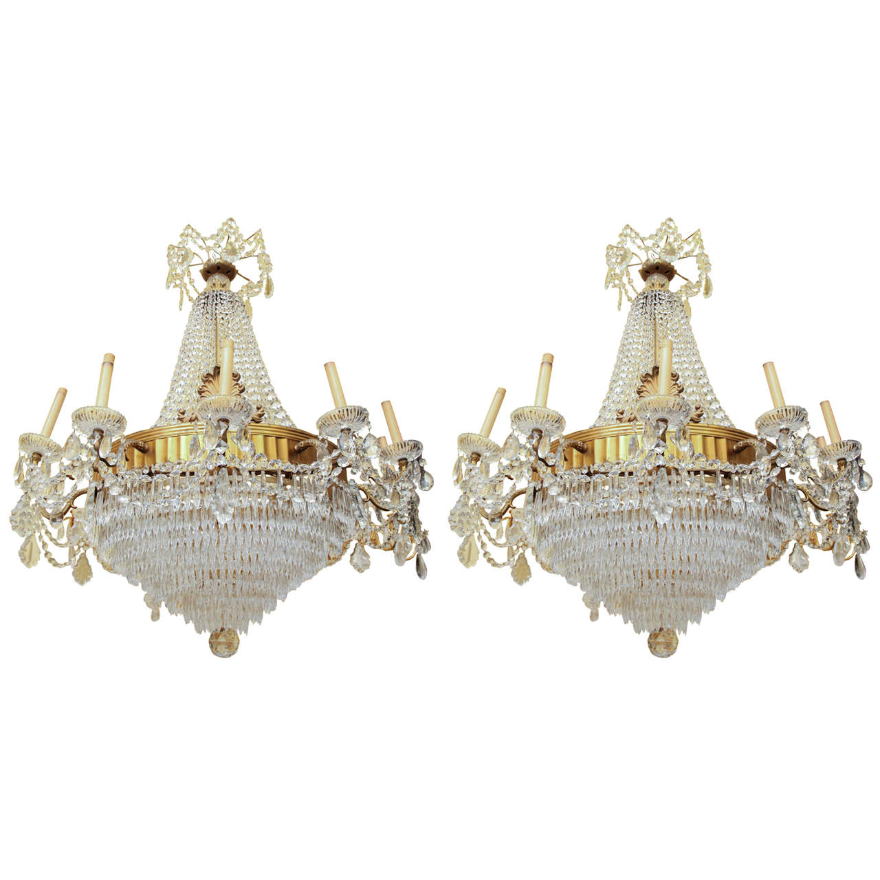 Pair of French circa 1900 Empire Style Bronze and Crystal Chandeliers