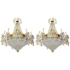 Pair of Empire Style Bronze and Crystal Chandeliers