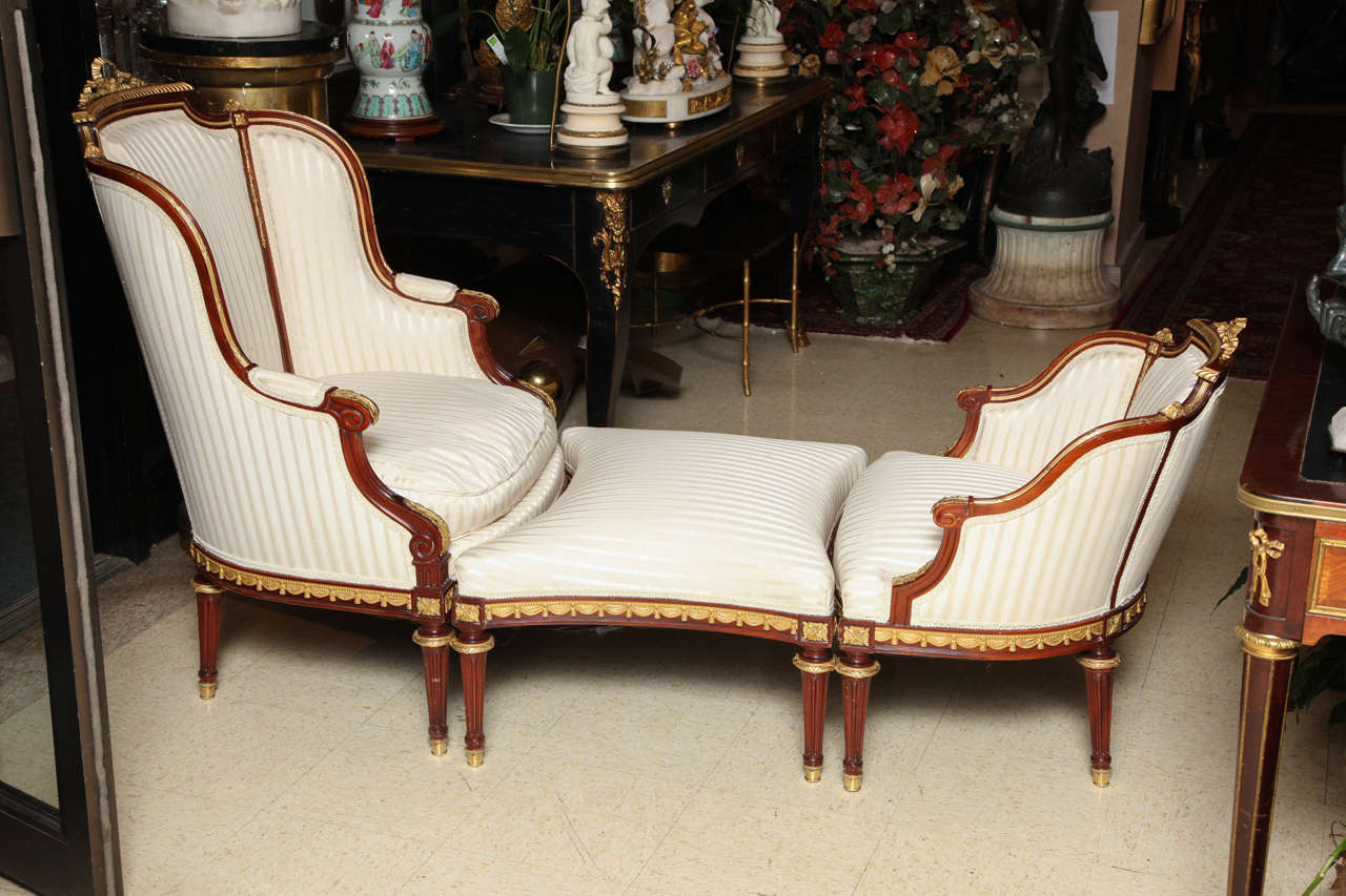 Three Piece Louis XVI Style Arm Chair and Ottoman Salon Set with Gilt Bronze Mounts
