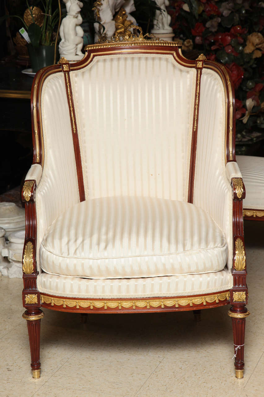 Three Piece Louis XVI Style Armchair and Ottoman Salon Set In Good Condition In New York, NY