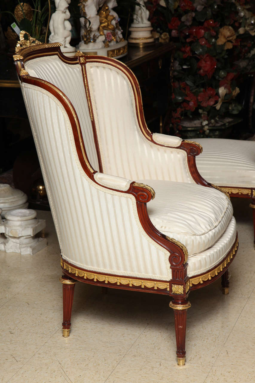 19th Century Three Piece Louis XVI Style Armchair and Ottoman Salon Set