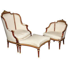 Three Piece Louis XVI Style Armchair and Ottoman Salon Set