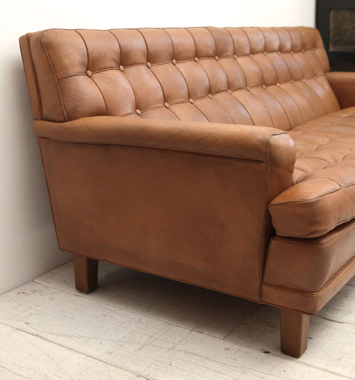 Mid-Century Tan Leather Tufted Mexico Sofa by Arne Norell In Good Condition In Los Angeles, CA
