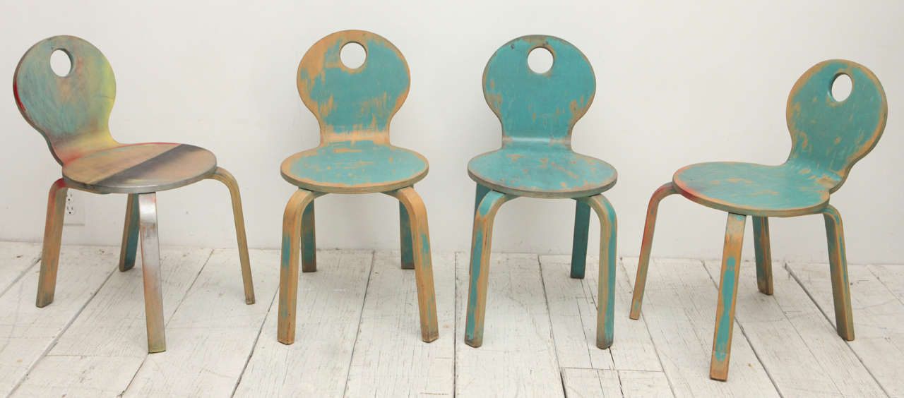 Vintage Thonet bentwood chairs for children. Various paintings and markings on them.