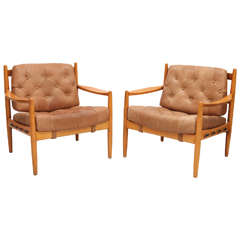 Pair of Swedish Tan Tufted Leather OPE Chairs