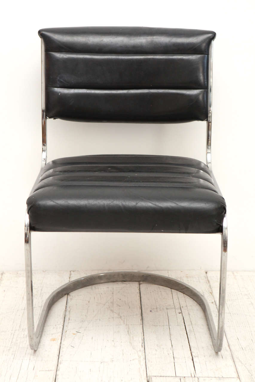 Set of Four Ribbed Black Leather and Chrome Cantilever Dining Chairs at