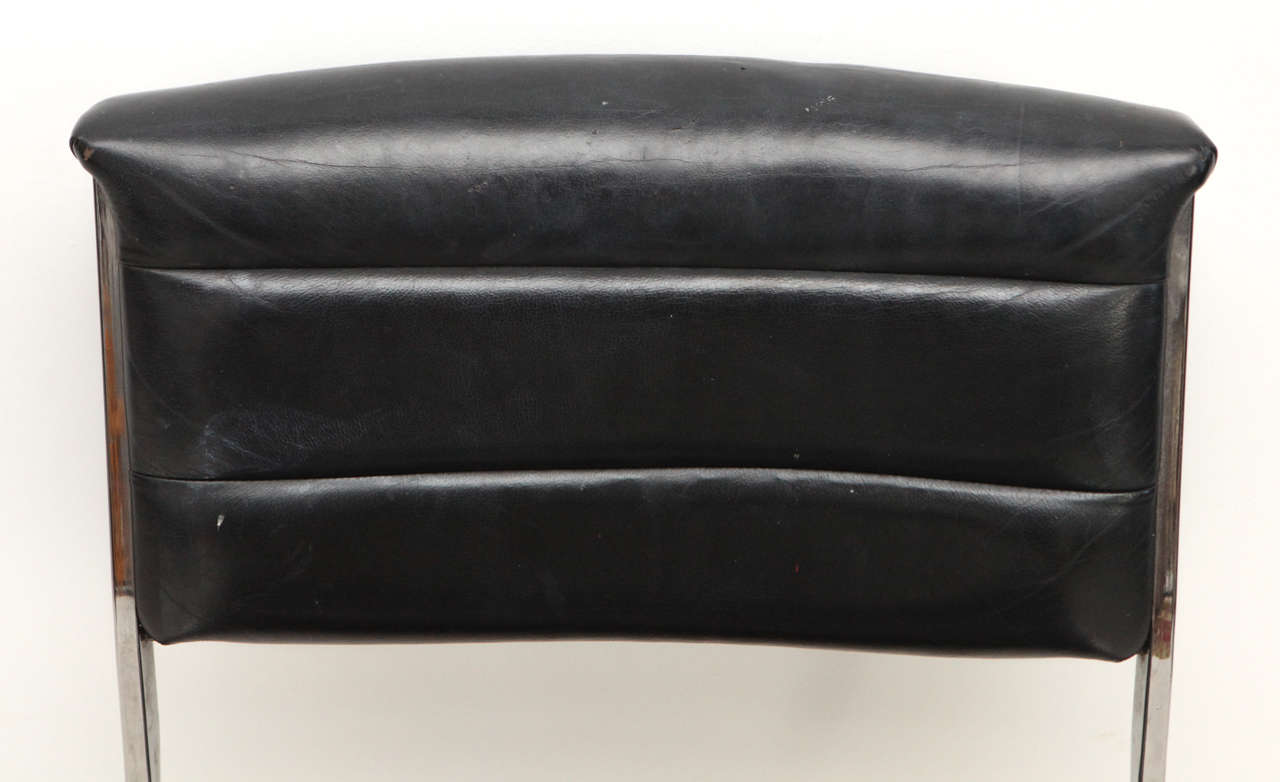 Set of Four Ribbed Black Leather and Chrome Cantilever Dining Chairs at