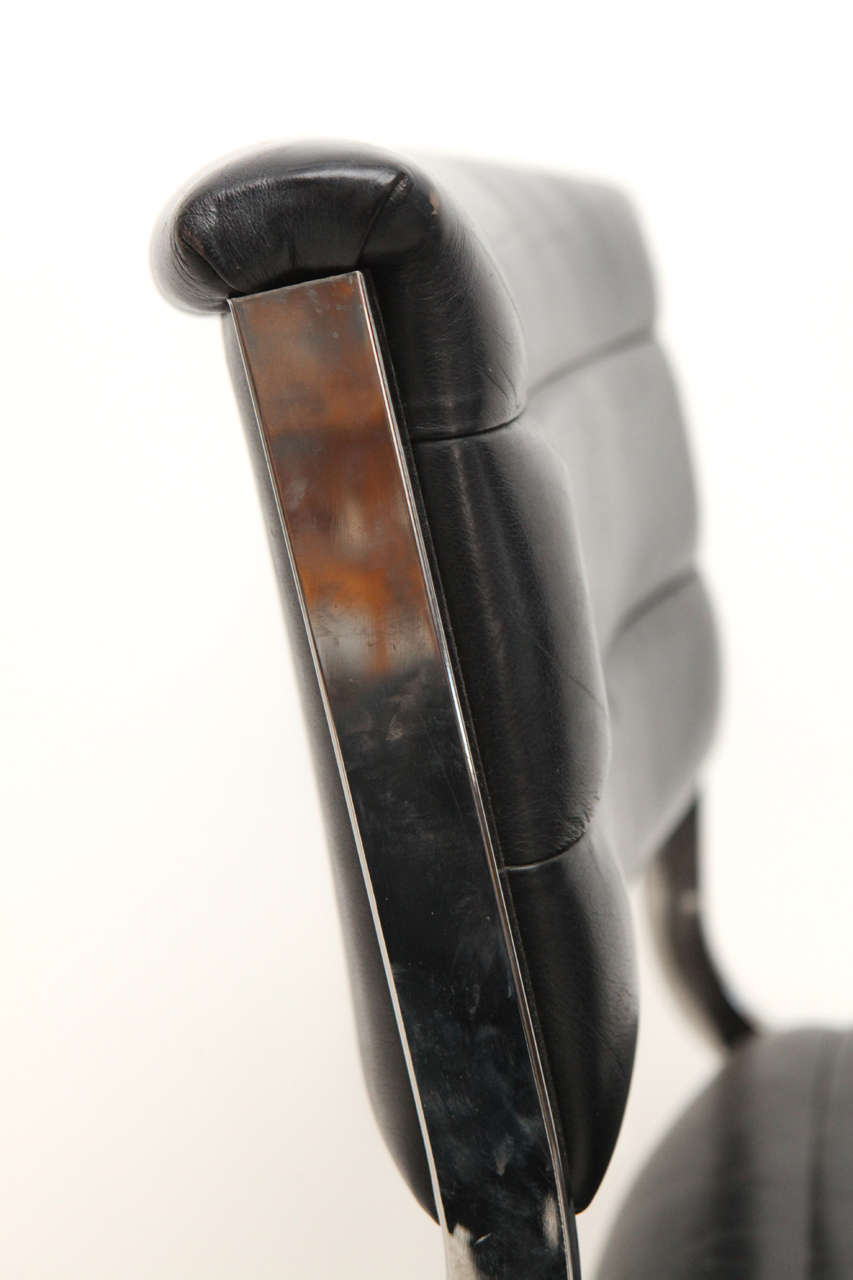 Set of Four Ribbed Black Leather and Chrome Cantilever Dining Chairs at