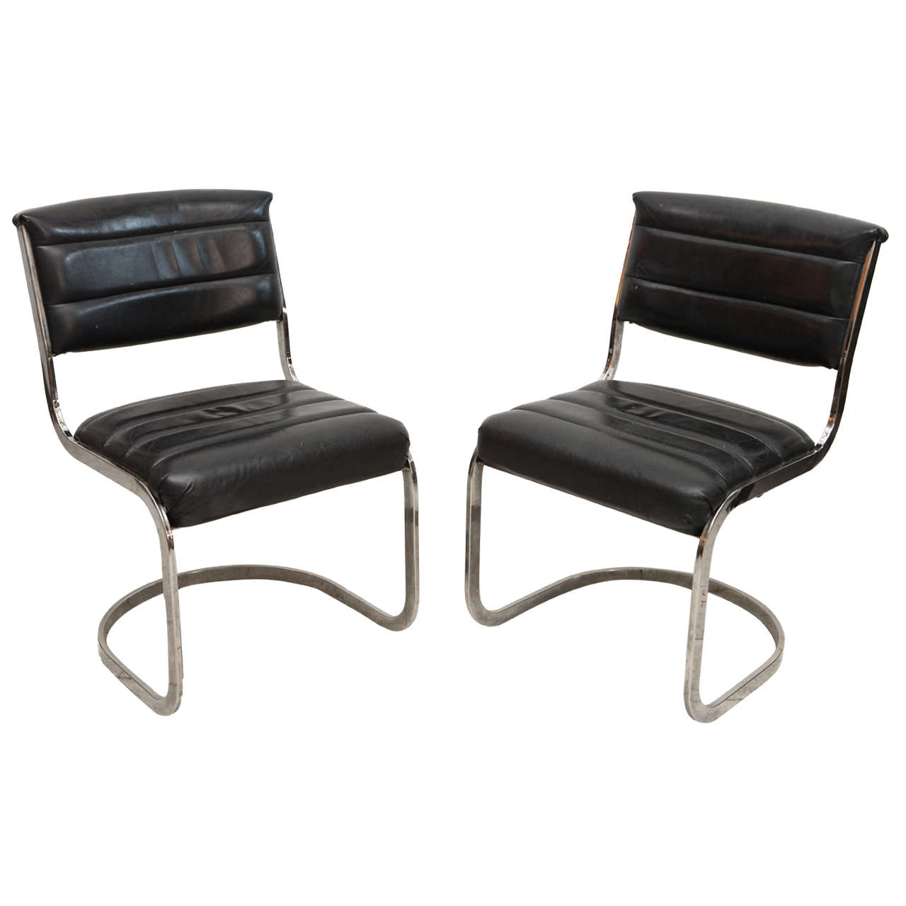 Set of Four Ribbed Black Leather and Chrome Cantilever Dining Chairs at
