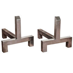 1970s Brushed Steel Pair of Andirons with a Very Pure Design by Francois Monet