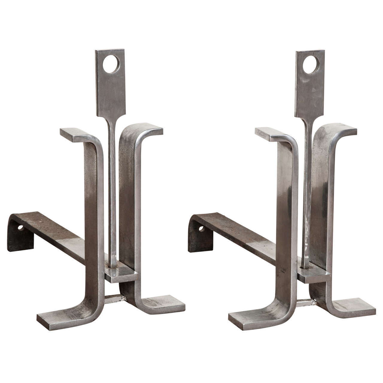 Jean Paul Creations Pair of Brushed Steel 1970s Andirons For Sale