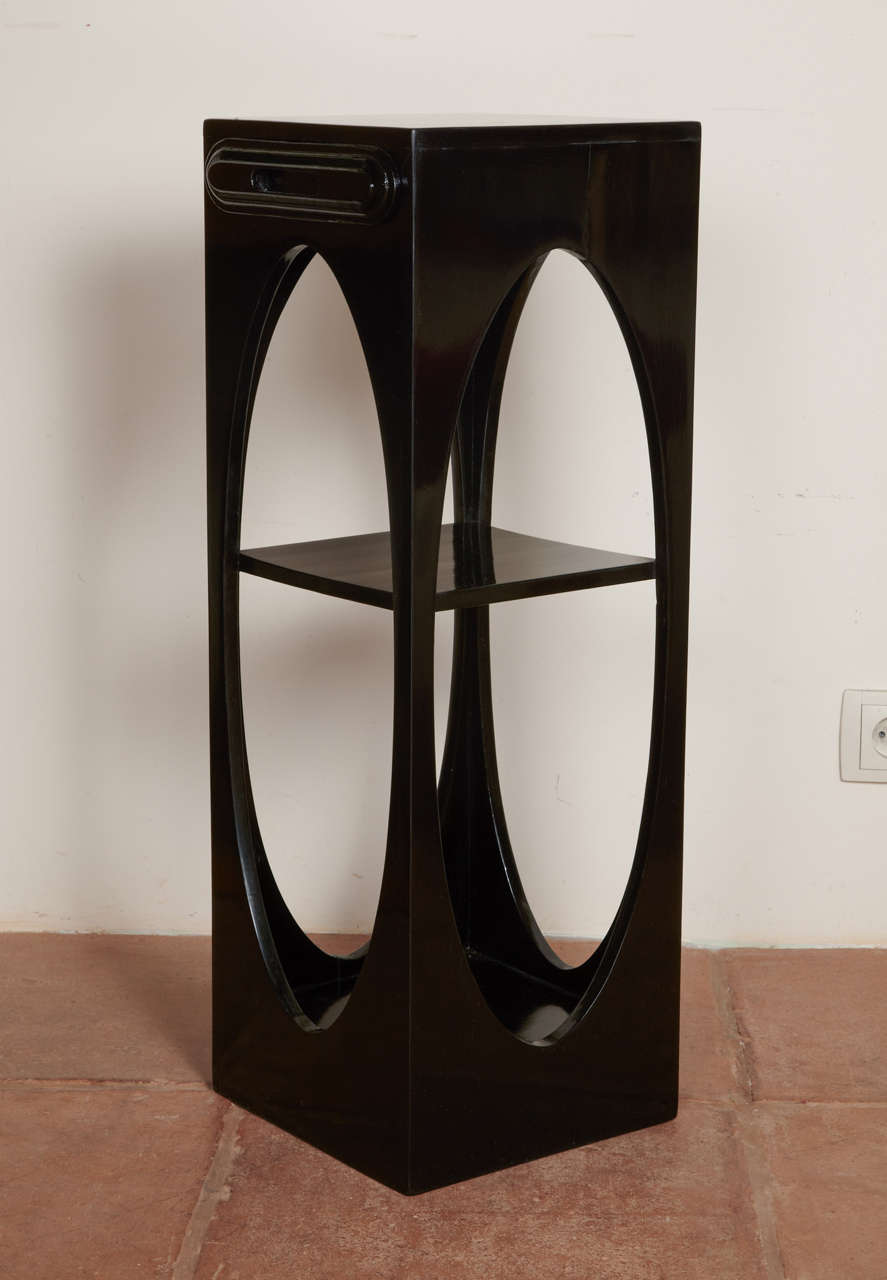 Austrian refined black laquered pair of two-tier sides tables.