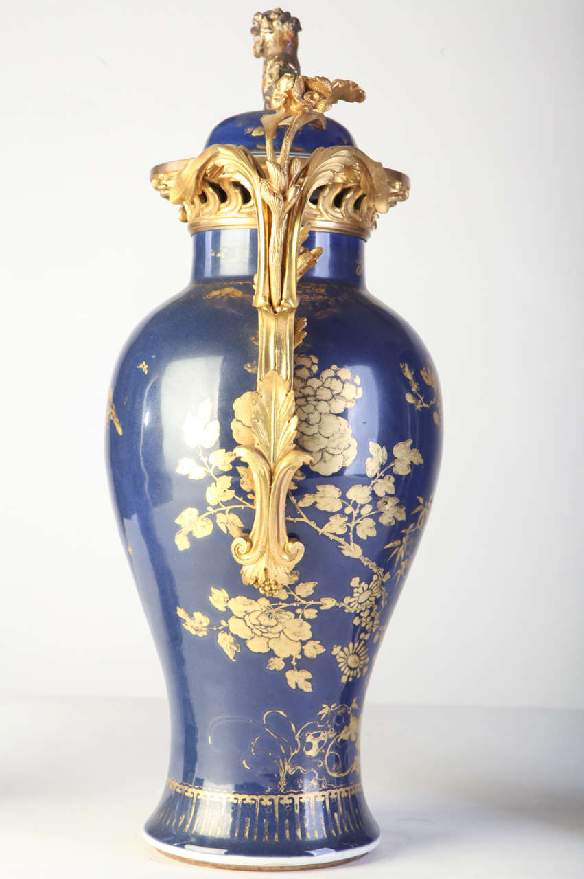 18th Century and Earlier Set of Three 18th century Chinese Powder Blue Gilt-Decorated Vases For Sale
