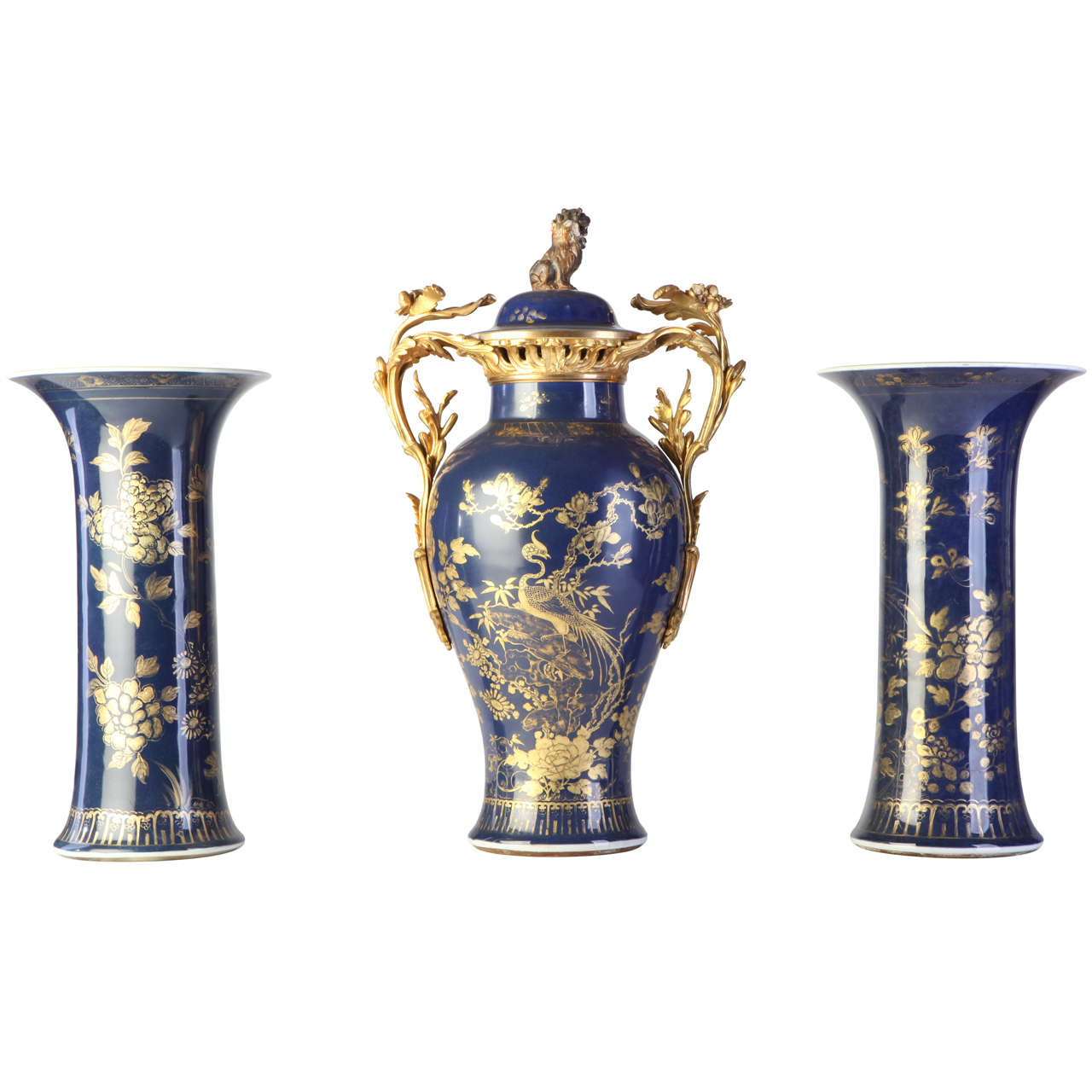 Set of Three 18th century Chinese Powder Blue Gilt-Decorated Vases