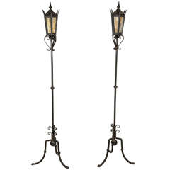 1890s Pair Wrought Iron Porch Lights with Slag Glass