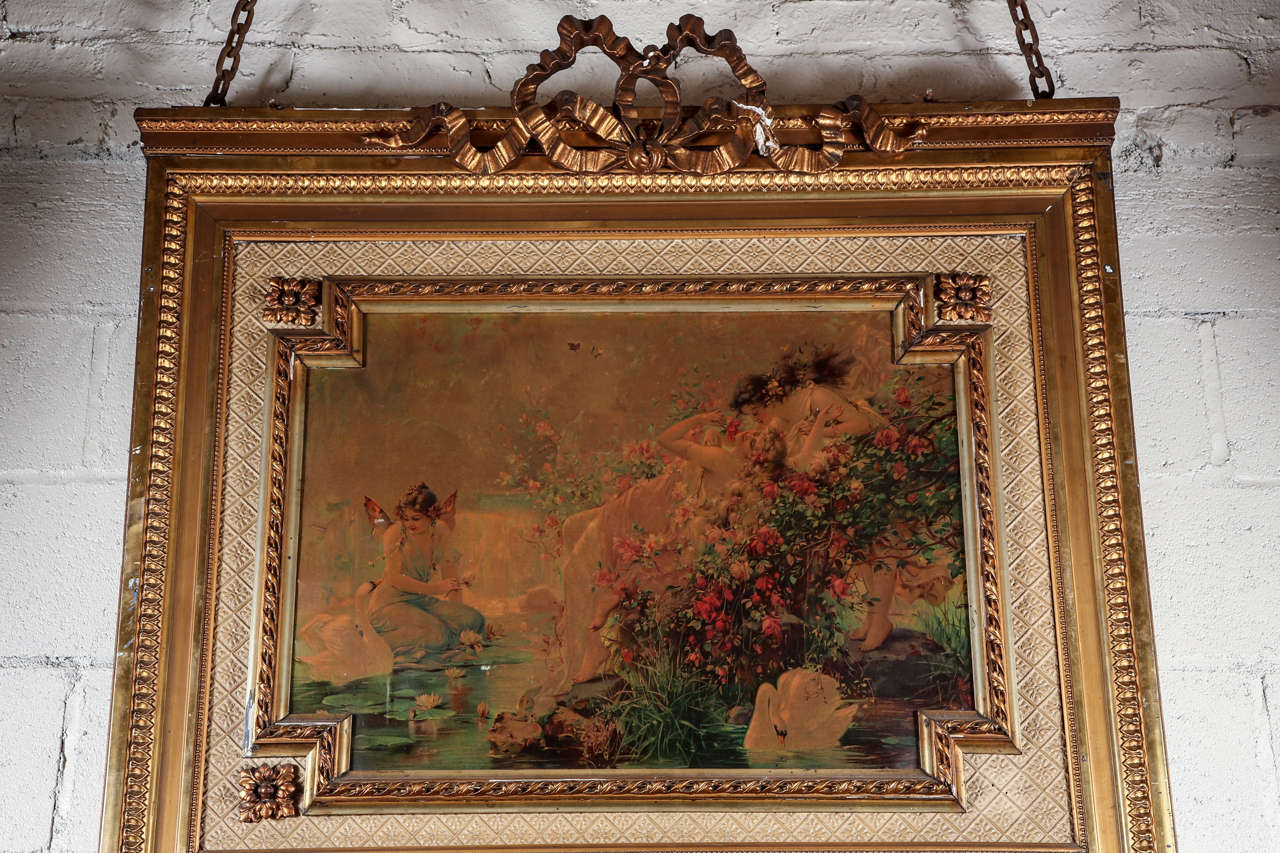 Floral painting above. Bronze trim frames both painting and mirror. 
Please note, this item is located in our Los Angeles location.
